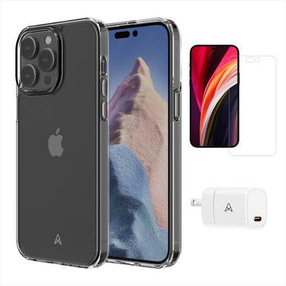 Axessorize Starter Kit Bundle with Ultra Clear Case, Screen Protector and 20W Charger for iPhone 14 Pro