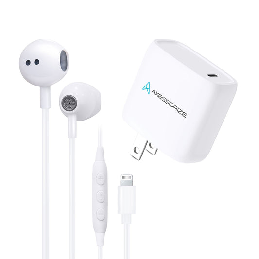 Axessorize 20W PROCharge PD Wall Charger and Wired Earbuds with Lightning Connector - White